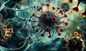 Microscopic view of viruses interacting with cells, illustrating viral structure and infection.