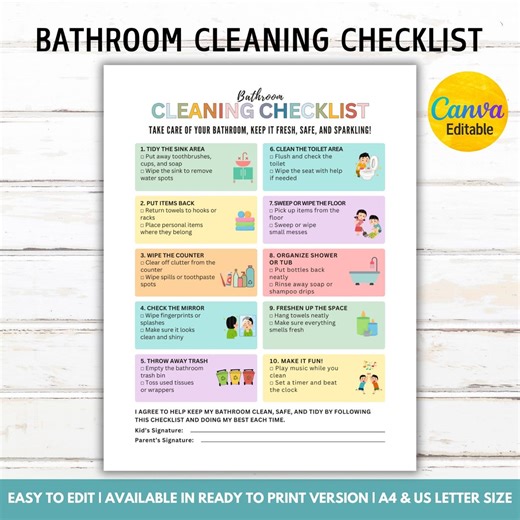 Editable Kids Bathroom Cleaning Checklist, Bathroom Chore Chart, Kids Printable Cleaning Routine, Kids Organization Chart, Canva Template - Etsy
