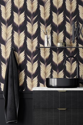 Art Deco Feather Wallpaper: Beige and Black Wall Mural (removable Peel and Stick or Vinyl) - Etsy