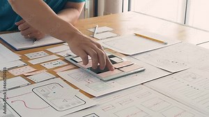 UX or UI designer designing application on tablet with mockup layout prototype.
