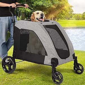 MU Dog Stroller for Medium to Large Dogs, Foldable Dog Wagon with 12" EVA Wheels, Adjustable Handle, Bid Dog Jogger Stroller for Dogs Upto 132 lbs, Grey