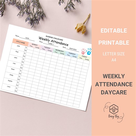 Editable Weekly Daycare Attendance Tracker (letter & A4 PDF) - Etsy
