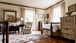 Farmhouse bedroom interior featuring rustic furniture, soft decor, and a cozy, inviting atmosphere for a peaceful retreat