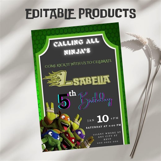 Ninja Birthday Party Invitation Template, Editable Canva Design (5x7), Digital Download.