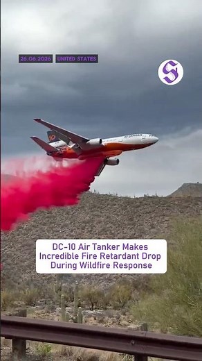 DC-10 Air Tanker Makes Incredible Fire Retardant Drop During Wildfire Response