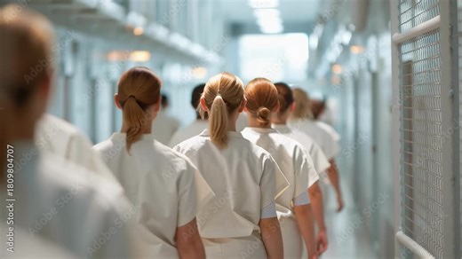 Female inmates in white uniforms walking in a line down a prison hallway