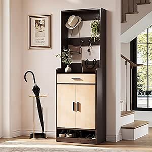 Shoe Cabinet Storage with Doors & Coat Rack - 3-Tier Entryway Shoe Storage Organizer, Metal Handles, Dark Walnut & Maple Finish (23.6"x13.8"x70.9")