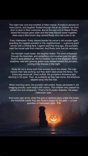1.8K views | Every Halloween night, when pumpkins glow and laughter fills the streets, one loyal dog stands guard beneath the moonlight. Rusty, the brave little guardian of Maple Street, keeps watch over a smiling pumpkin said to protect the town from mischief.  Some say if you walk by at midnight, you’ll still see his glowing eyes by the gate — the faithful spirit of The Pumpkin Watcher, guarding Halloween forever. 李 | Homemade Dog Food Recipes | Facebook