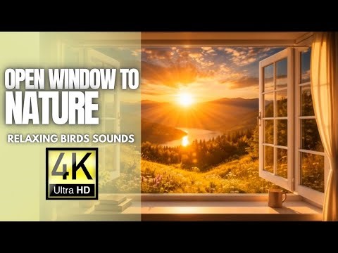 Mountain Sunrise Window View 🌄 | Birds Chirping & Wind Sounds | Relaxing Fake Window Projector 4K