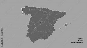 Comunidad Foral de Navarra, autonomous community of Spain, with its capital, localized, outlined and zoomed with informative overlays on a bilevel map in the Stereographic projection. Animation 3D