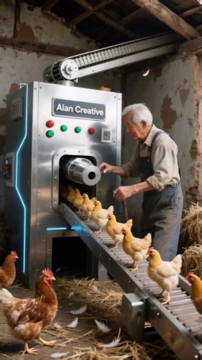 Alan Creative on Instagram: "Baby chicks instantly transform into adult chickens after being fed into a machine? Future farming technology is now available on the farm #CreativeInspiration #FutureAgriculture #FarmingTech #QuirkyExperiments #TechImagination"