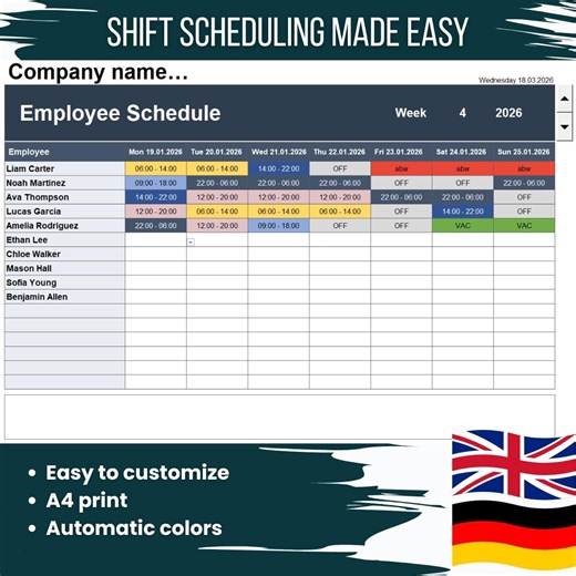 Employee Schedule Excel Template | Shift Planner With Automatic Colors |staff Schedule XLSX |editable Work Planner |german & English Version - Etsy Canada