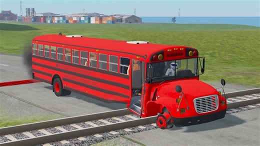 Long Flatbed Trailer Tractor Truck Rescue - Bus vs Railroads and Train - BeamNG.