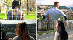 4K compilation (montage) - group of four people stand with backs to the camera and look around in various environments