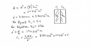 A parallel-plate capacitor has square plates that are 8.00  cm on each side and 3.80  mm apart. The space between the plates is completely filled with two square slabs of dielectric, each 8.00  cm on a side and 1.90  mm thick. One slab is Pyrex glass and the other slab is polystyrene. If the potential difference between the plates is 86.0  V, find how much electrical energy can be stored in this capacitor. | Numerade
