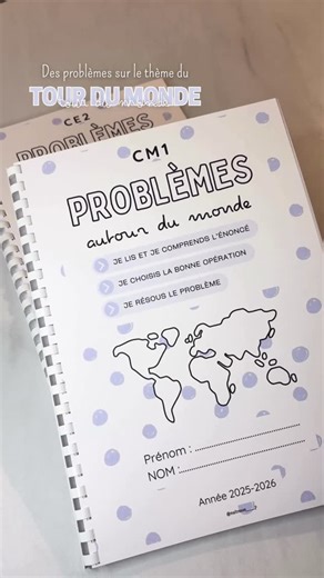 𝓟 | 𝐏𝐫𝐨𝐟𝐞𝐬𝐬𝐞𝐮𝐫𝐞 𝐝𝐞𝐬 𝐞́𝐜𝐨𝐥𝐞𝐬 ❀ on Instagram: "Mes fichiers complets de problèmes mathématiques pour les élèves de CE2 et CM1, conçus pour accompagner le projet “tour du monde” 🌍 Le fichier suit une progression sur l’année scolaire, avec un pays découvert chaque semaine, réparti sur 5 continents. Au total, ce sont 36 pays explorés, à raison de 10 problèmes par semaine, soit 360 problèmes en tout. Les élèves rencontrent progressivement : * des problèmes additifs * des problème