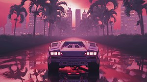 Download Loop car driving on wet asphalt in retro style at sunset for free