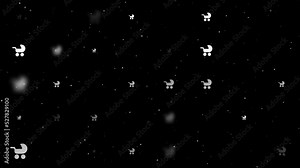 Template animation of evenly spaced baby carriage symbols of different sizes and opacity. Animation of transparency and size. Seamless looped 4k animation on black background with stars