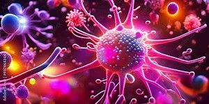 Macro of infected virus cells, dividing the body moving inside the body, visible through a microscope. The virus is breaking down to spread