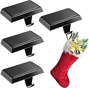 4 Pack Black Christmas Stocking Holder, Weighted Mantel Stocking Hangers, Metal Hanging Hooks Stocking Holders Bases for Fireplace Xmas Holiday Party Decoration