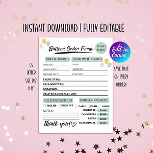 Editable Balloon Order Form Template Custom Balloon Invoice Order Tracker Printable Small Business Order Form for Balloon Business Receipt - Etsy