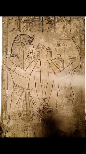 An unfinished painting from the tomb (KV17) of King Seti I in the Valley of the Kings near Thebes (modern-day Luxor). He reigned circa 1294-1279 BCE during the 19th Dynasty. We see Maat, goddess of truth, justice, harmony, morality, righteousness, order and cosmic balance, offering an ankh―a symbol of life― to the deceased pharaoh. The daughter of the sun god Re, "... Maat was also the sister of the reigning king who was the 'son of Re', and the relationship of the goddess with the king was a vi