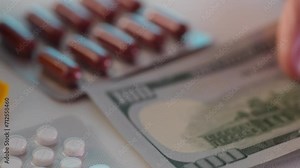 Counting cash next to medicines and pills. Economic aspects of healthcare.