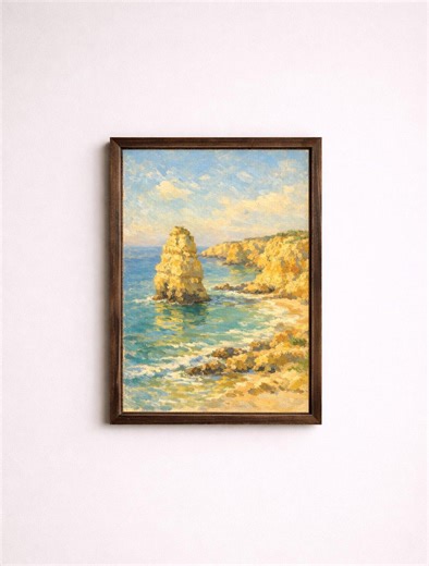 Bright Algarve Sea Stack With Golden Cliffs in Afternoon Light, Vintage Coastal Painting, Warm and Peaceful Wall Art - Etsy