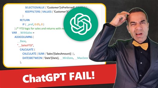 🚨 Don’t trust ChatGPT to write your DAX measures — unless you really know what you’re doing. It’s not a shortcut to mastery; in fact, for beginners, it can lead you straight into a ditch. I’ve seen this too many times: clients send me bloated, broken DAX formulas — and when I ask, they sheepishly admit they came from ChatGPT. Sometimes the code doesn’t work at all. Other times, worse: it works... until a small model change causes it to crash and burn. Let me be clear: I’m not anti-ChatGPT. In f