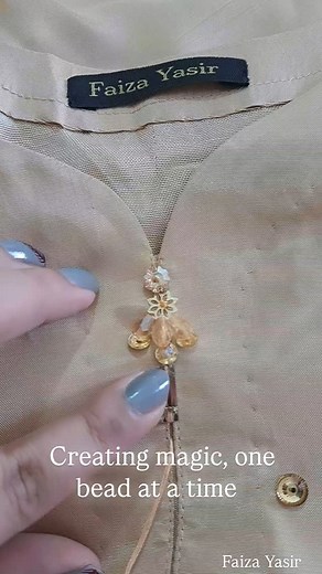 27K views · 1.1K reactions | Obsessed with how this golden dress turned out! From the design to the ajrak shawl and beadwork tutorial, and finally, the packaging - it's all a labor of love. Can't wait to share the full process with you all! #fashiondesign #handmade #ajrak #beadwork #tutorial #golden dress" | Fabulous collection by Faizayasir | Facebook