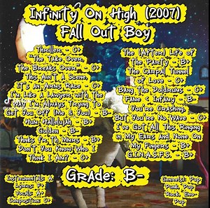 Infinity On High (2007) by Fall Out Boy. Producers: Babyface (SZA, Ariana Grande), Butch Walker (Panic! At the Disco, Train), Fall Out Boy, Neal Avron (Sara Bareilles, Twenty One Pilots) & Patrick Stump 5 Writers: Andy Hurley, Joe Trohman, Leonard Cohen, Patrick Stump, Pete Wentz & Wesley Eisold 6 Instruments: Bass Guitar, Drums, Guitar, Hammond B-3 Organ, Keyboards, Mandolin, Percussion, Piano, Rhythm Guitar Record Label: Island Records (The Killers, Sabrina Carpenter) Samples: Hallelujah by Le
