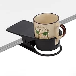 Clip-On Desk Cup Holder Clamp for Coffee Mugs & Water Bottles, Portable Plastic Drink Holder with Strong Grip, Phone Slot, Universal Fit for Desk, Bedside & Travel Use