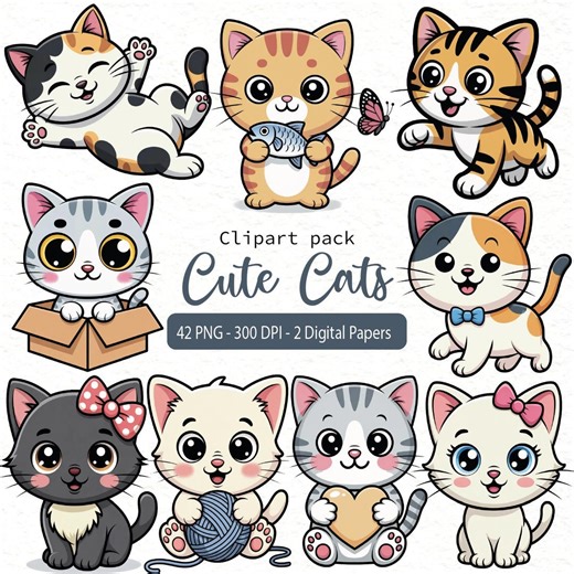Cute Cat Clipart Set | Cartoon Kitty PNG Illustrations | Adorable Cat Faces and Poses | Pet Art for Stickers, Planners and Scrapbooking - Etsy