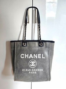 CHANEL Deauville Tote Gray Leather - FREE Shipping | eBay