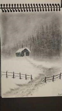 Short tutorial video drawing of a fence in a snowy field #howtodraw #charcoal #art