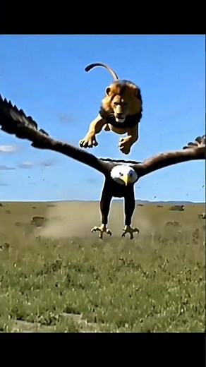 male lion catches eagle in the air
