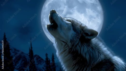 Wolf Howling Towards the Moon in a Snowy Night Landscape