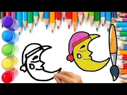 How To Draw cute Moon Drawing, Painting & Coloring For Kids and Toddlers_ Child Art 🐋🌈🎨