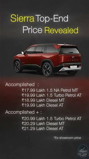 Sierra Top-End Price Reveal #sierra #sierraprices #tatasierra #ddnd #cars101