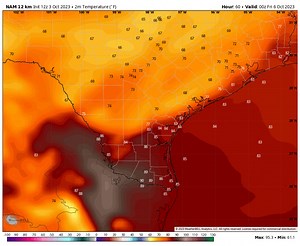 This looping image is from the NAM (North American Mesoscale) model, Thursday. It's a higher resolution model & it's showing the cold front we are anticipating in the Coastal Bend arriving Thursday evening between a 6p-midnight window. | Alan Holt