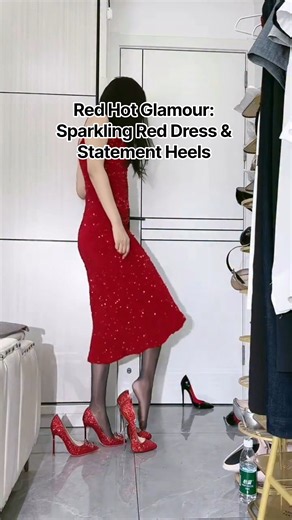 ✨❤️ Red Hot Glamour: Sparkling Red Dress & Statement Heels 👠💎 #highheels #styly #heels#luxuryfashion