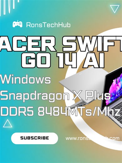 Acer Swift Go Check out the Acer Swift Go 14 AI, a high-performance laptop with Snapdragon X Plus AI processor, 16GB DDR5 RAM, 1TB NVMe SSD, and advanced AI features. Perfect for tech enthusiasts, content creators, and gamers. ⏱ Timestamps / Key Moments: 00:07 – Introduction 00:17 – Acer Swift Go 14 AI Processor Snapdragon X Plus 00:27 – Acer Swift Go 14 AI RAM 16GB DDR5 8448MTs/MHz 00:36 – Acer Swift Go 14 AI 1TB NVMe SSD 00:40 – Acer Swift Go 14 AI Dual Band WiFi 7 00:43 – Acer Swift Go 14 AI 