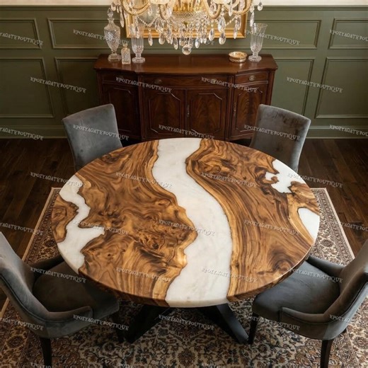 Round Walnut Epoxy River Dining Table – Live Edge, White Marble Resin, Mid Century Modern