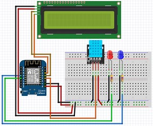 Monitoring Suhu dan Kelembapan Pake DHT11 Pake Blynk via Wifi   Display LCD I2C dan Indikator LED di Wemos D1 Mini