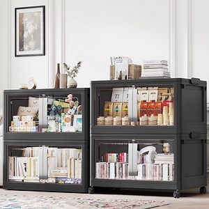 Broview 160Gal Extra Large Stackable Storage Bins with 4 Lids, 640Qt Collapsible Plastic Storage Box with Clear Doors, Foldable Containers with Drawers, 360° Swivel Wheels, Black, 4Pack V70