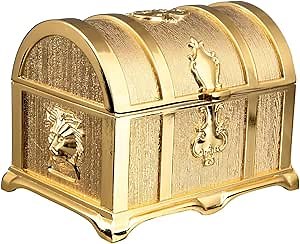 Feyarl 3.9inch Vintage Gold Treasure Box Jewelry Trinket Organizer Collection Keepsake Ring Earrings Decorative Box Stones Chest Case for Girl Women
