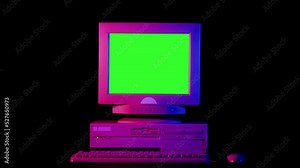 Old computer with green chroma key screen close-up, Desktop PC isolated on black background, neon pink illumination. Retro obsolete technology.