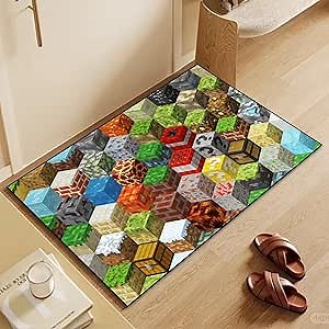 Block Game Rug Teen Boys Carpet with Pixel Games Element Decoration Mat, Cube Game Rugs for Boy’s Bedroom Bathroom Doormat Living Room Playroom, Non-Slip Children Gaming Area Rugs (35.4" x 23.6")