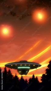 A cartoon UFO flies over a dark forest at night, emitting a mysterious glow. The animated scene is filled with eerie charm and vibrant colors