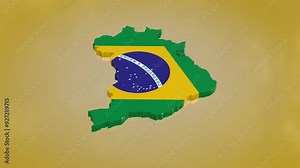 3D map of Brazil moving and rotating on a yellow gradient floor. The Brazil map is textured with the country's flag, designed using a luma matte effect. 3D rendering